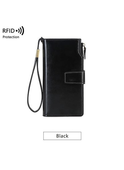 Buy RFID Anti-theft Swipe Ladies Wallet Long Waxed Leather Retro Wallet European And American Large Capacity Clutch Bag in Saudi Arabia