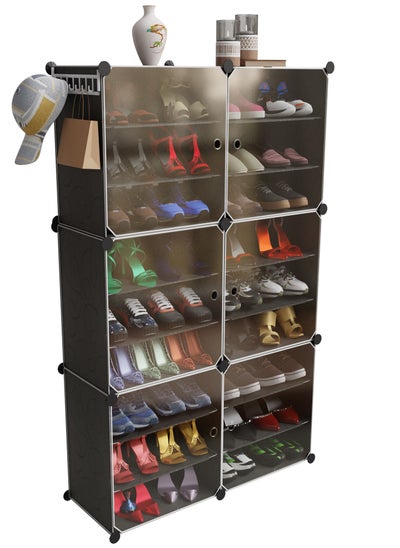 اشتري Shoes Cabinet for Closet and Entryway, 3 Rows per Cube, Convertible with Doors, Shoe Rack, Strong Lightweight, Wardrobe Organizer Storage Box for Clothes (Black, 6 large Cubes) في الامارات