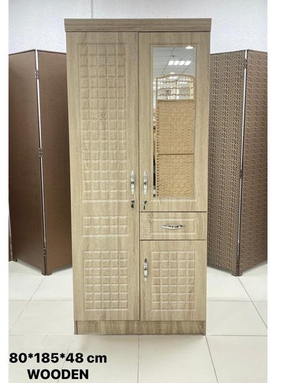 Buy Wooden Two Door Wardrobe With Mirror And 2 Drawer 80*185*48 CM in Saudi Arabia
