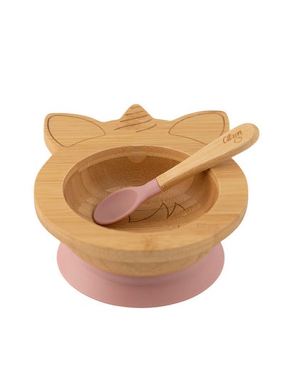 اشتري Organic Bamboo Bowl 250ml Suction + Spoon Unicorn Blush Pink في الامارات