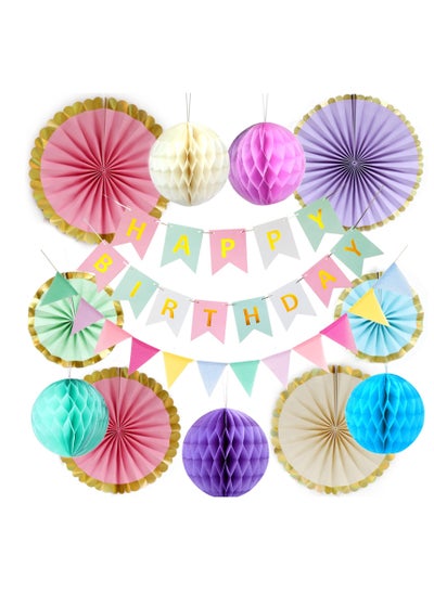 Buy Birthday Party Decorations, Macaron Happy Birthday Banner, Hanging Paper Fans, Pom Poms, Honeycomb Decorations Set, Pastel Birthday Party Decorations for Girls Women, Paper Lanterns Decoration in Saudi Arabia