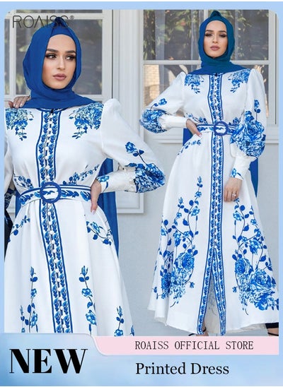 Buy Women'S Muslim Printed Dress Stand Up Collar Long Sleeve Cuffs With Tightening Design Waist Belt Tightened Ankle Length Holiday Dress in Saudi Arabia