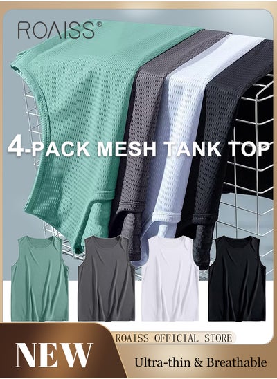 Buy 4 Pack Ice Silk Fishing Sun Vest for Men Crew Neck Loose Versatile Ultra Thin Mesh Breathable Tank Top Moisture Wicking Quick Drying Sports Fitness Waistcoat Non-sticky Skin in Saudi Arabia