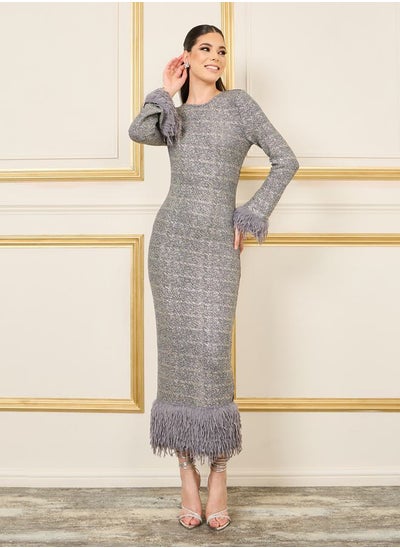 Buy Faux Fur Trim Textured Glitter Bodycon Maxi Dress in Saudi Arabia