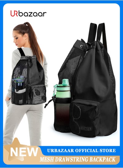 Buy Drawstring Backpack Sports Gym Bag, Nylon Draw Backpack Large Size with Zipper and Front Rear Pocket, Water Resistant String Sackpack for School Swimming Travel Women Men in UAE