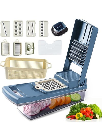 Buy 12-in-1 Multi-function Vegetable and Fruit Chopper with 7 Interchangeable Stainless Steel Blades, Adjustable Slicer, with Drain Rack Storage Container in Saudi Arabia