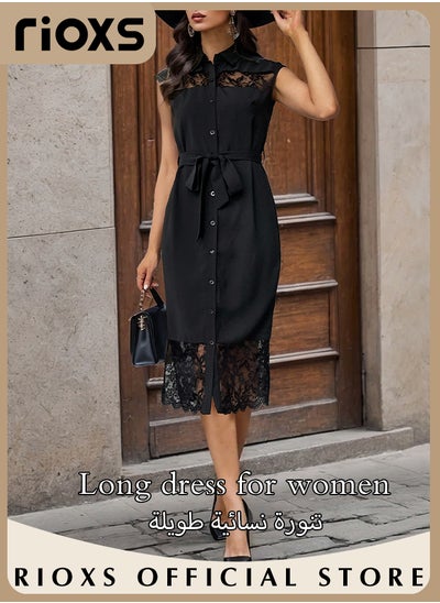 Buy Women's Lace Sleeveless Dress Elegant Solid Lapel Button Down Dresses High Waist Lace up Dress in UAE