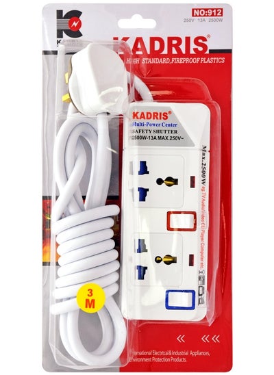 Buy Power Strips 912 Heavy Duty Extension Cord with 2 way Outlets with individual switch, Charging Socket with 3 meter Heat resistant  Extension Cord (White) in UAE