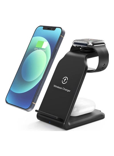 Buy 15W Fast Wireless Charging Station, 3-in-1 for iPhone, AirPods, Apple Watch - Black, Qi-Compatible in UAE