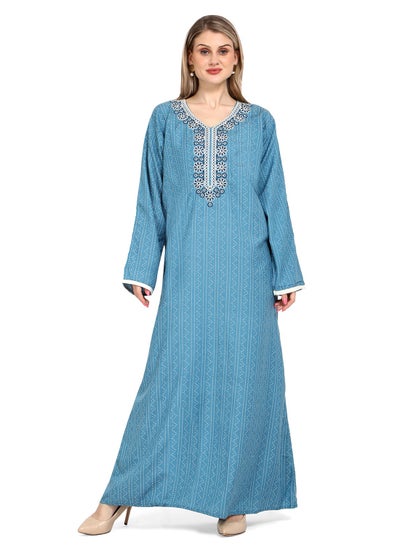 Buy SMALL PRINT WITH NECK EMBROIDERY DUTY PINK COLOUR CASUAL ARABIC KAFTAN JALABIYA DRESS in UAE