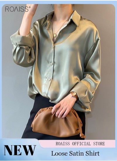 اشتري Women's Satin Luminous Drape Shirt Casual Versatile Loose Top Classic Polo Collar Long Sleeved Shirt With Button Closure في الامارات