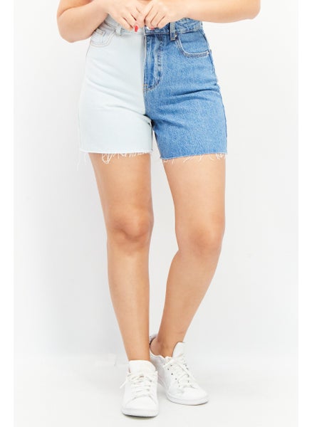 Buy Women Two-Tone Denim Shorts, White/Blue in Saudi Arabia