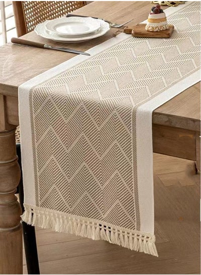 Buy 1-Piece Geometric Tassel Table Runner Cotton and Linen White/Brown 180x35 cm in UAE