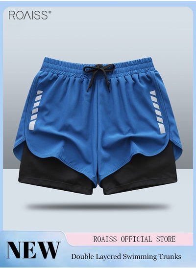 Buy Men'S Double Layer Swimming Trunks Casual Loose Fitting Shorts With Elastic Waist Design And Drawstring Buckle Closure Double Layered Design Protects Privacy in UAE