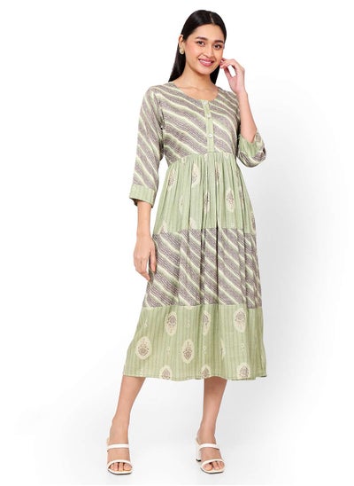 Buy FLORAL AND STRIP PRINTED FRONT STYLED BUTTONED ARABIC KAFTAN JALABIYA DRESS in UAE