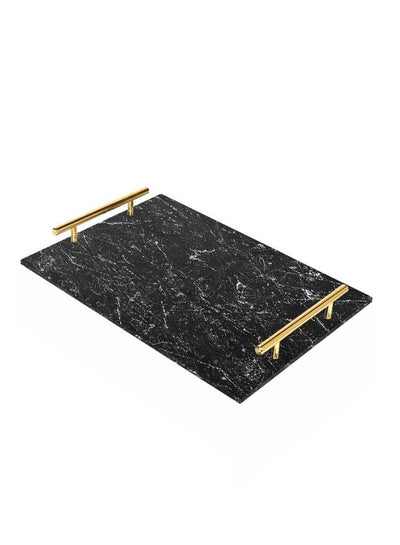 Buy Decorative Acrylic Serving Tray with Gold Color Metal Handles Scratch Marble 24x34cm in Saudi Arabia