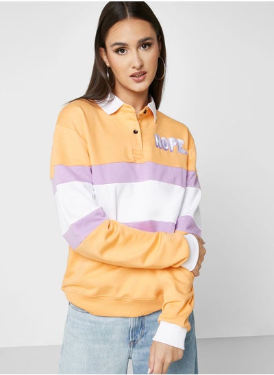 Buy Polo Neck Varsity Style Colorblock Sweatshirt in UAE