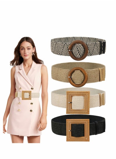 اشتري 4 Pcs Women Waist Belt, Straw Woven Elastic Stretch Waist Belt في السعودية