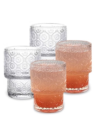 اشتري Vintage Coffee Mugs, 4 Pcs Embossed Stackable Pattern Style Transparent Glasses Set, Aesthetic Vintage Glasses, for Ice Coffee, Juice, Drinkware for Dinner Parties, Restaurants, Home 190ml في الامارات