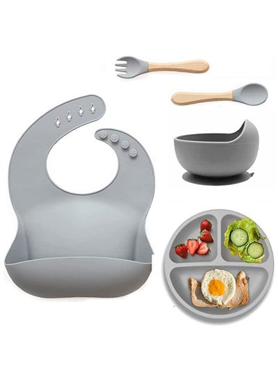 اشتري Silicone Baby Feeding Set,Toddler Divider Plate & Bowl with Suction, BPA Free Baby Tableware Set with Adjustable Soft Silicone Bib & Utensils (Grey) في السعودية