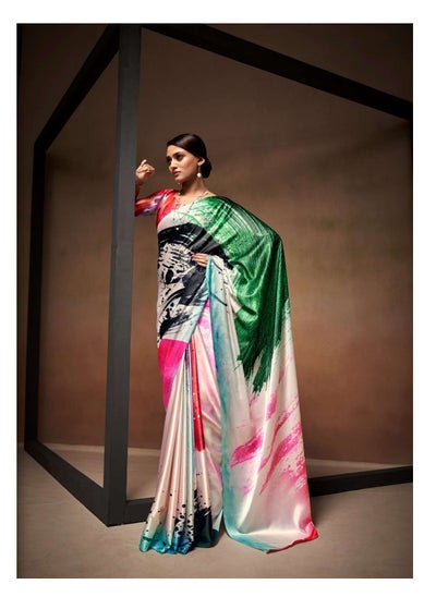 Buy Satin Multi Colour Print Saree With Red Printed Unstitched Blouse in UAE