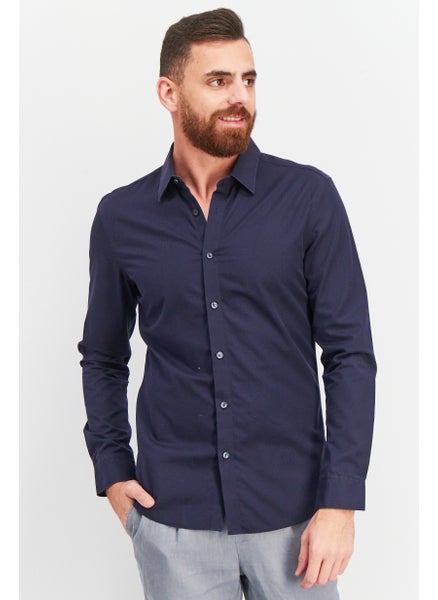 Buy Men Slim Fit Textured Long Sleeve Casual Shirt, Navy in UAE