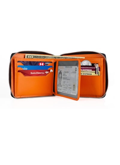 Buy Zipper Wallet for Men Genuine Leather Bifold  Multi Card Holder Rfid Protected Black Orange in UAE