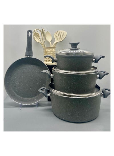 Buy Granite cookware set with a luxurious and modern design of 14 pieces, black/silver in Saudi Arabia