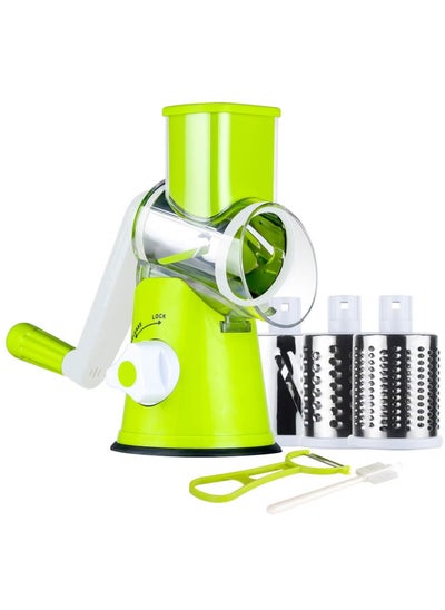 Buy Manual Cheese Rotary Grater - Round Mandoline Slicer Shredder with 3 Inner Adjustable Blades (Green) in UAE