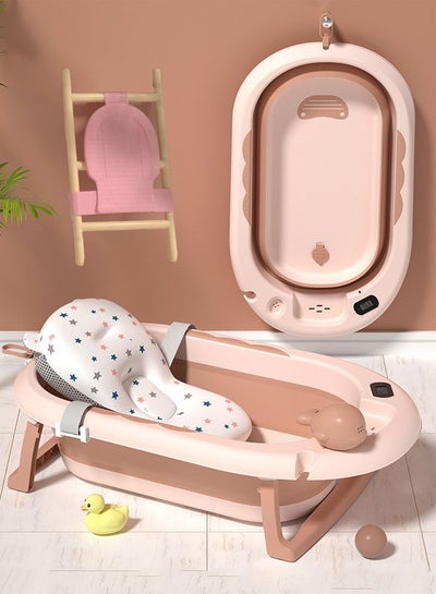 Buy Foldable Baby Bathtub with Bath Mat and Temperature Display, Portable Drain Hole Folding Bathtub for Babies and Toddlers 0-36 Months in Saudi Arabia