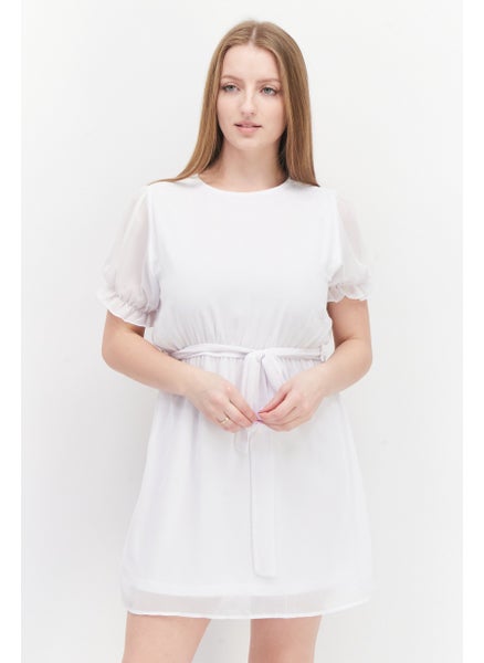 Buy Women Plain Tie Waist Mini Dress, White in Saudi Arabia