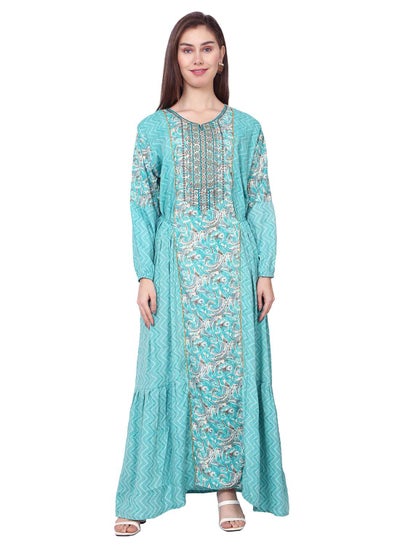 Buy THREAD EMBROIDERY LONG VISCOSE PRINTED BLUE COLOUR STYLISH ELEGANT ARABIC KAFTAN JALABIYA DRESS in Saudi Arabia