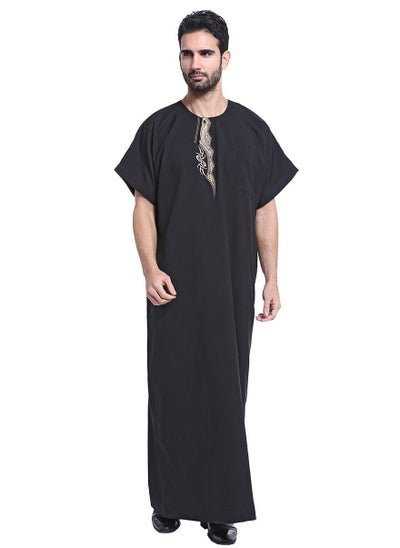 اشتري Men's Short Sleeve Kandora Islamic Arabic Kaftan Robe Black في الامارات