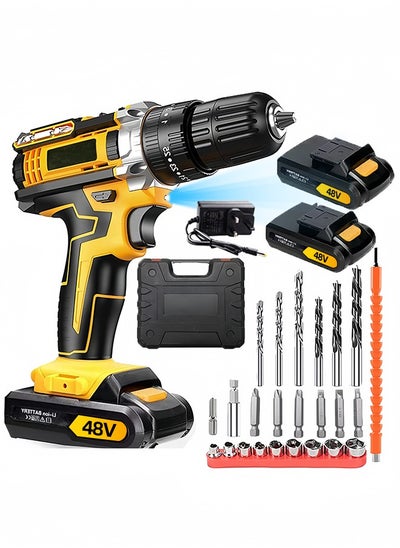 Buy 48V Cordless Drill Set, Electric Drill with 2 Batteries and Charger, Electric Screwdriver Power Drill Drivers with 2 Speed, 25+1Torque Setting, Built-in LED Light,Storage Case Included，Yellow in Saudi Arabia