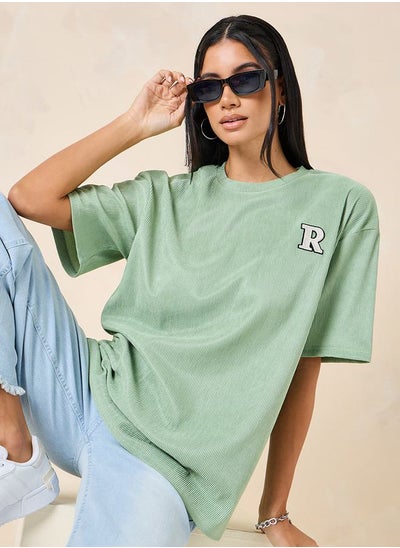 Buy Oversized Ribbed Round Neck Badge Detail T-Shirt in Saudi Arabia