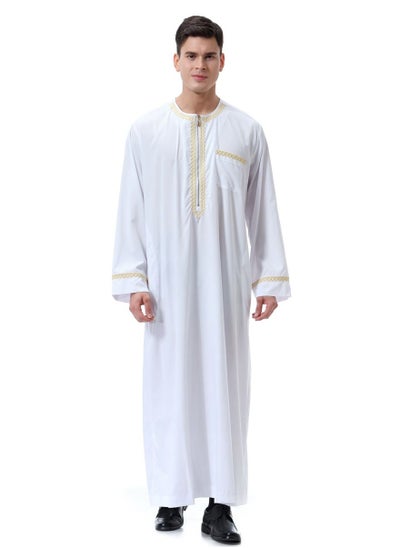 اشتري Mens Jacquard Muslim Clothing Long Sleeve Kaftan Robe With Pockets And Zipper Islamic Arabic Abaya Clothes White في الامارات