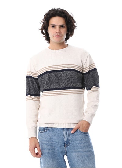 اشتري Round Ribbed Neck Striped Pullover_Light Beige & Navy في مصر