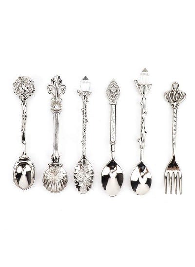 Buy 6Pcs Teaspoon Set Small Vintage Retro Royal Zinc Alloy Dessert Spoon With Fork Silverware Tableware Coffee Spoon For Home Kitchen Cafe Sugar Stir Ice Cream Cake in UAE