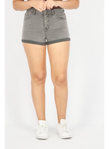 Buy Women Solid Denim Short, Grey in Saudi Arabia