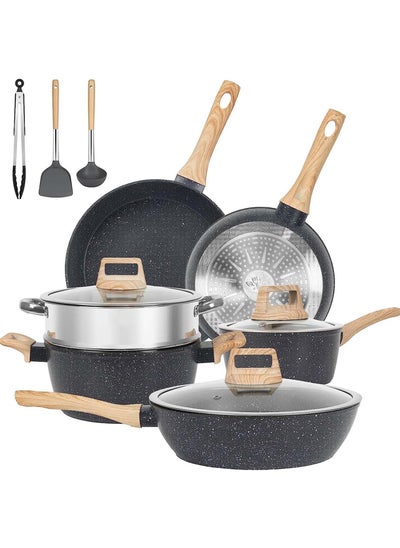 اشتري 12 Pcs Kitchen Cookware Sets, Pots and Pans Set Non Stick, Induction Cookware Granite Cooking Set with Frying Pans, Saucepans, Steamer Silicone Shovel Spoon & Tongs في الامارات