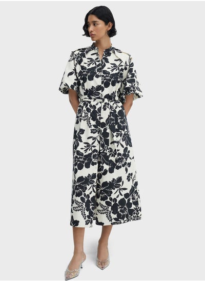 Buy Floral Print Balloon Sleeve Tie Detailed Dress in UAE