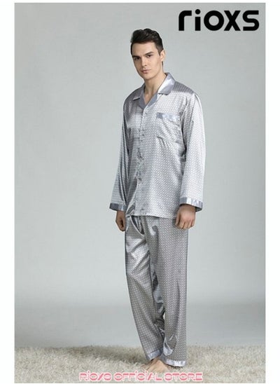 Buy Men's 2 Pcs Satin Pajamas Set Silk Long Sleeve Top And Pants Button Up Sleepwear Classic Loungewear Nightwear Pajamas Set in Saudi Arabia