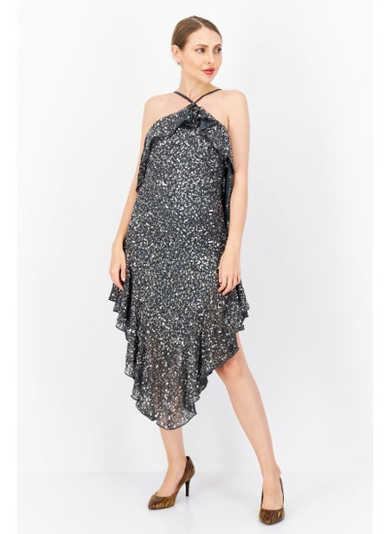 Buy Women Sequin Waterfall Slip Midi Dress, Metal Grey in UAE