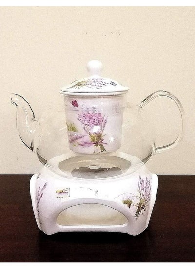 Buy 600 ml Heat-resistant Glass Teapot with Bone China Burner (LAVENDER FLORA PATTER) in UAE