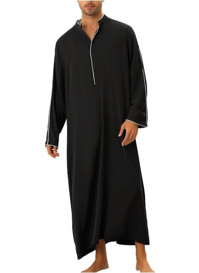 اشتري Men's Muslim Loose Casual Robe Thobe Stand Collar Long Sleeve Kaftan Black في السعودية