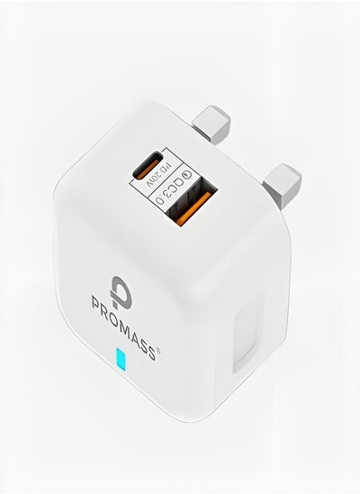 Buy Original Wall Charger With Two Ports, 1 USB And 1 PD Port, Supports Fast Charging From Promass 38W White Color in Saudi Arabia