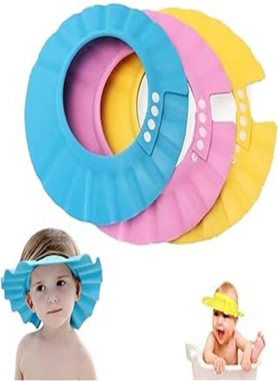 اشتري Baby Shower Cap, Shienus Adjustable Waterproof Bath Cap Visor Hat Shower Bathing Protection Soft Cap for Children Baby Kids Set of 3(Pink, Blue, Yellow) في مصر