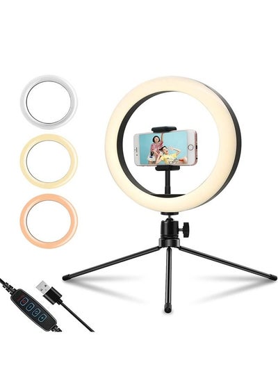 اشتري Padom Dimmable Selfie 10" LED Desk Ring Light with Tripod Stand & Phone Holder & Remote for Live Streaming, TikTok Photography, iOS and Android Smartphone with 3 Light Modes 10 Brightness Level في الامارات