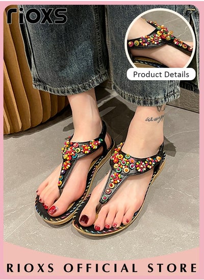 Buy Women's Fashion Summer Bohemian Sandals Comfort Fashion Ankle Strap Slip Ons Flats Non-Slip Soft Sole Beach Sandals in UAE