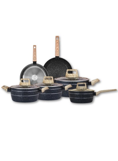 اشتري Auroware 10 Piece Non Stick Cookware Set Forged Aluminium Wooden Finish Frying pan Casserole with Lid Sauce pan with Lid PFOA Free في الامارات